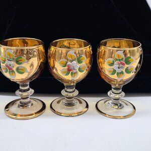 Bohemian Czech Glass Enamel Gold Floral Design Cordial Liquor Set of 3
